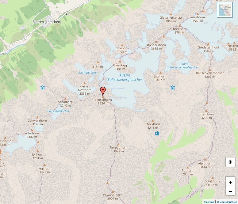 Alps, map of Bietschhorn